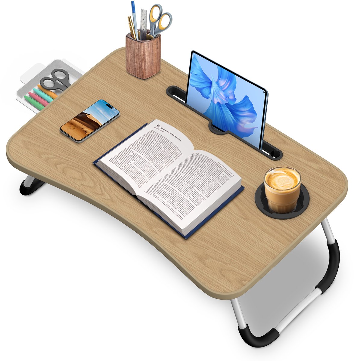 Arvioo‑Opvouwbaar‑laptoptafel‑walnoot‑met‑tablethouder‑bekerhouder‑lade