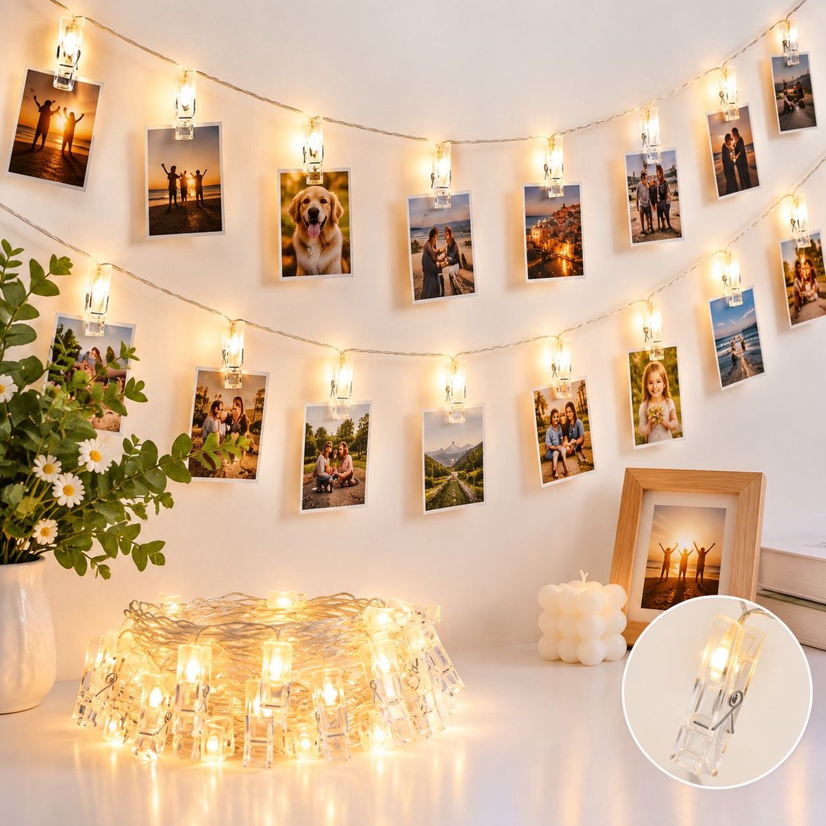 VHV - LED-lichtsnoer met clips - 20 LED's met flitsfunctie, 3 meter - Warmwitte decoratieve verlichting - Geschikt voor fotografie, kransen en banners