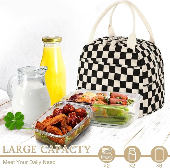 Tas-Picknicktas-Luxe Geïsoleerde Lunchtas - Zwart-wit Geblokt - Koeltasje voor Dames en Heren - Thermische Lunch Bag voor Werk en Picknick - Vershoudtas - 25.4x19x19 cm — afbeelding 3
