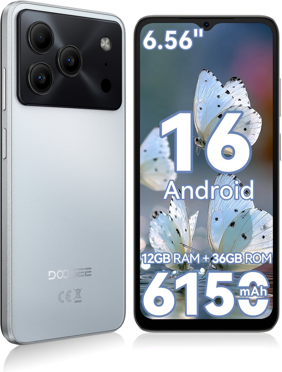 DOOGEE Note 56 Lite Smartphone - 6,56 Inch - 12GB(3+9) RAM - 32GB ROM - 6150 mAh - Android 16 - Met 3,5 mm hoofdtelefoonaansluiting - Wit