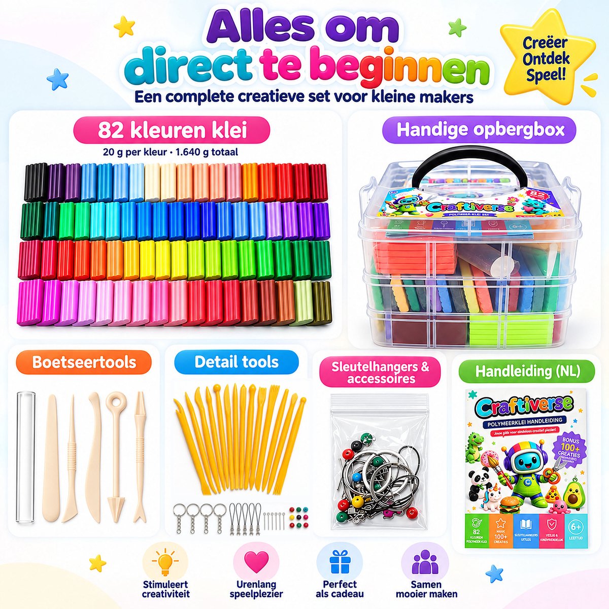 Craftiverse Polymeer Klei Set – 82 Kleuren 82x20g – Complete Knutselset voor Kinderen – Ovenhardende Boetseerklei met Accessoires & Handleiding - Fimo Alternatief — afbeelding 10
