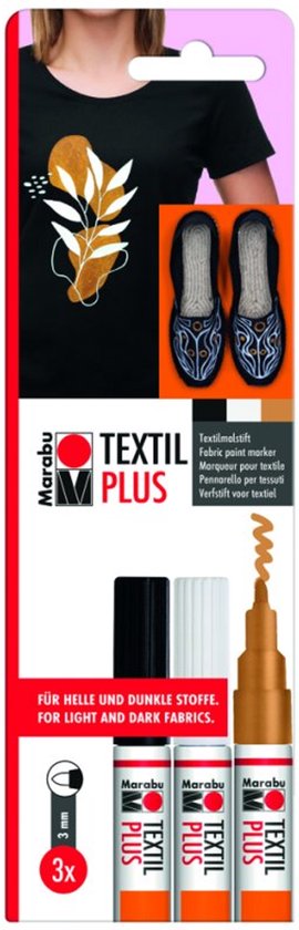 Marabu Textil Plus stiftenset met 3 mm punt in wit, zwart en goud metallic, voor lichte en donkere stoffen.