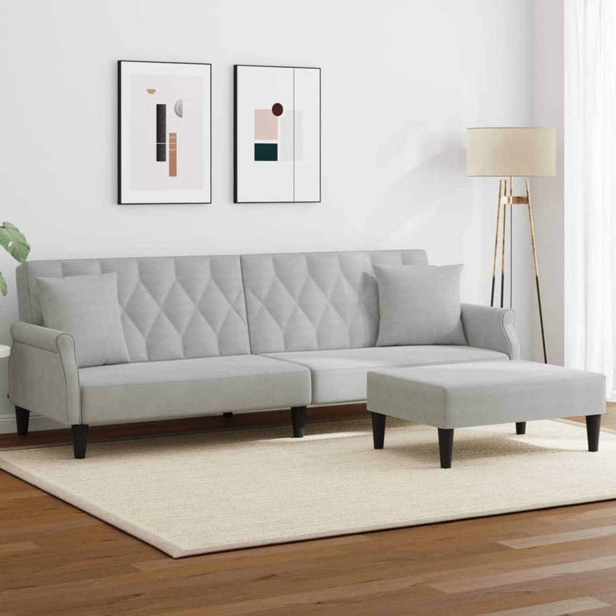 2-zits met kussen en voetenbank in lichtgrijs fluweel, verstelbare rugleuning voor comfort, en stabiel houten frame, ideaal voor gasten