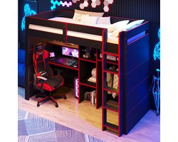 Pugsdrly 90 x 200 cm houten gaming-hoogslaper met bureau, kledingkast, opbergruimte op verschillende niveaus, LED-verlichting, USB-oplaadaansluiting, zwart + rood