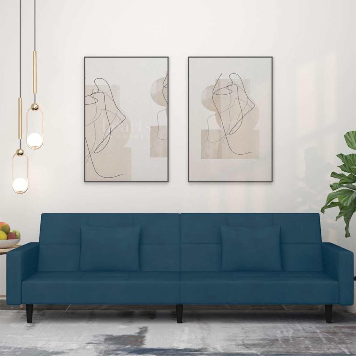 2-zits met 2 kussens, blauw fluweel, voor woonkamer en logeerkamer, met robuuste houten lijst en zachte velours bekleding