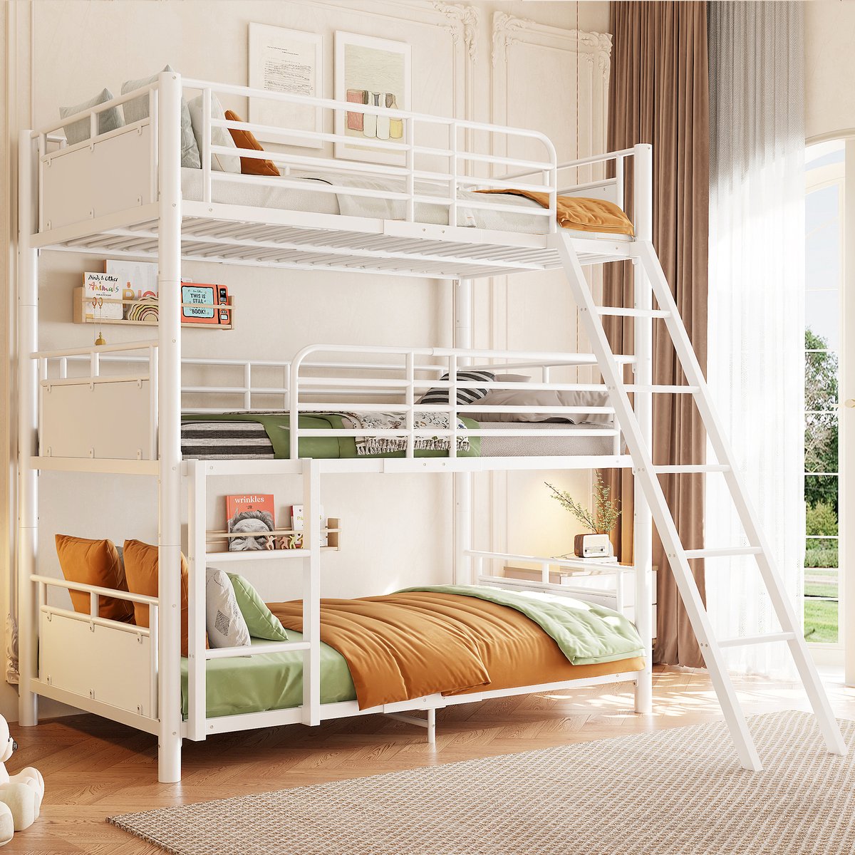 STILVORA Stapelbed 90 x 200 cm – Drie Slaapniveaus Met Twee Ladders – Splitsbaar Tot Drie Eenpersoonsbedden – Kinderkamer – Metaal – Wit – Zonder Matras