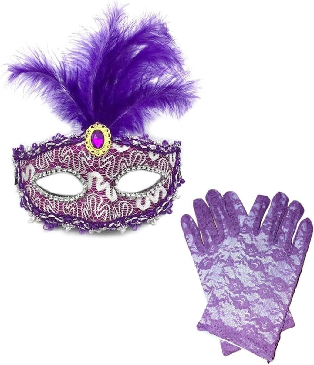Lace Venetiaans Masker voor Mannen en Vrouwen - Veren met Diamant - Studded Masker - Perfect voor Carnaval - ShopVlot