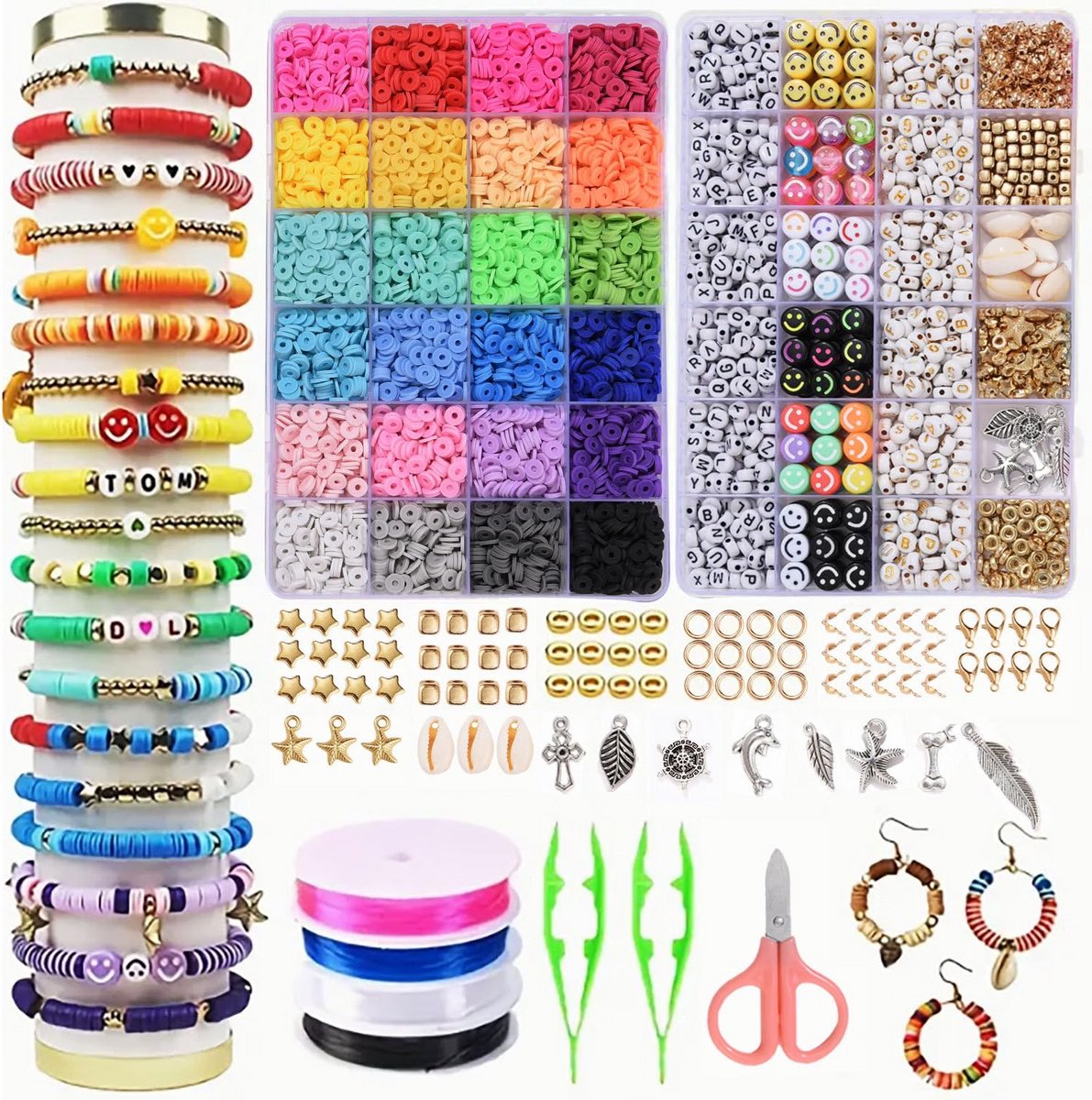 Kralenset voor armbanden - Klei kralen sieraden - Vriendschapsbandjes zelf maken - Kettingen creatief knutselen - Inclusief letterkralen bedels - Twee sorteerdozen overzicht - Meerkleurig - 8.000+ stuks 24 kleuren