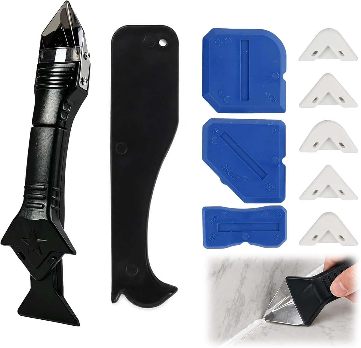 3-in-1 siliconen afdichtingsset met metalen kop, 3 blauwe schrapers + 1 zwarte schraper, afdichtingverwijderaar voor - ShopVlot