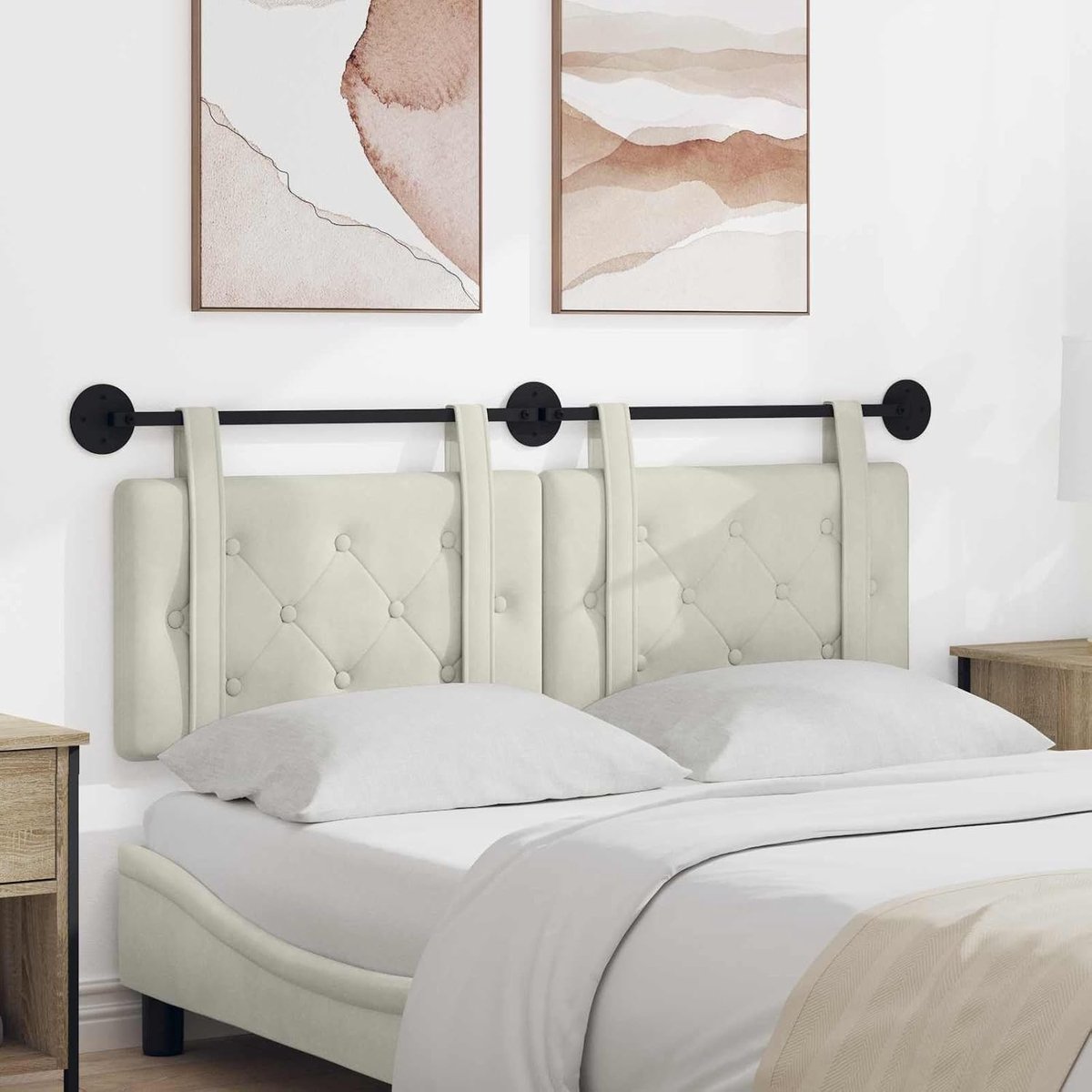 Hangend hoofdeinde met fluwelen bekleding en geknoopt patroon, rechthoekige vorm, crèmekleurig, houten frame, wandmontage, onderhoudsvriendelijk