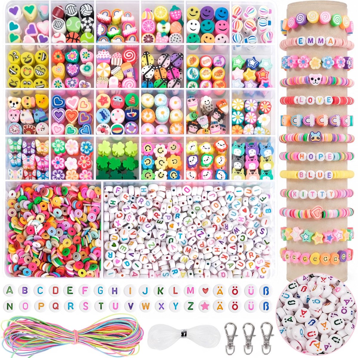 Kralenset voor kinderen - Polymeerkralen armbandjes maken - Duitse letterkralen inbegrepen - Creatief sieraden knutselen - Sleutelhangers haarbanden ontwerpen - Opbergdoos met 26 vakken - Meerkleurig - 1.800 onderdelen