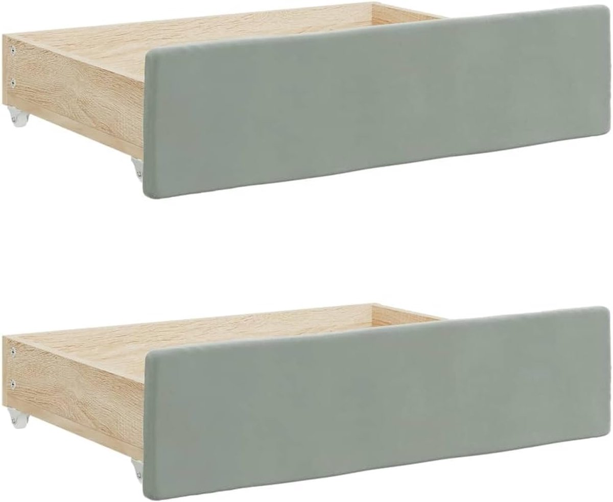 Set van 2 bedladen onder bedframe, oprolbare opbergruimte, laden van houtmateriaal met fluwelen bekleding, lichtgrijs, 67 x 50 x 16 cm