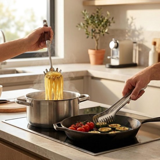 Pastatang en spaghettilepel 30,5 cm - 304 roestvrij staal - houten handvat - ideaal voor pasta en groenten - ShopVlot — afbeelding 2