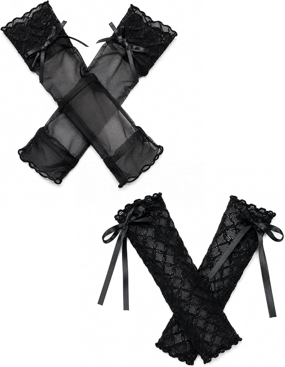 Zwarte kanten handschoenen, 2 paar, lange vingerloze handschoenen voor dames, accessoires voor kostuumfeest, Halloween, kanten manchetten en tule