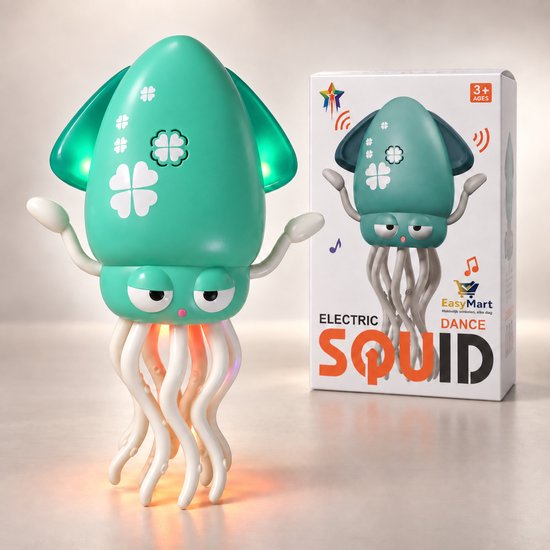 Groene elektrische octopus speelgoed met witte tentakels, lichtgevende vinnen en klaverbladdecoratie. Wordt geleverd in een doos met 'ELECTRIC SQUID DANCE'.