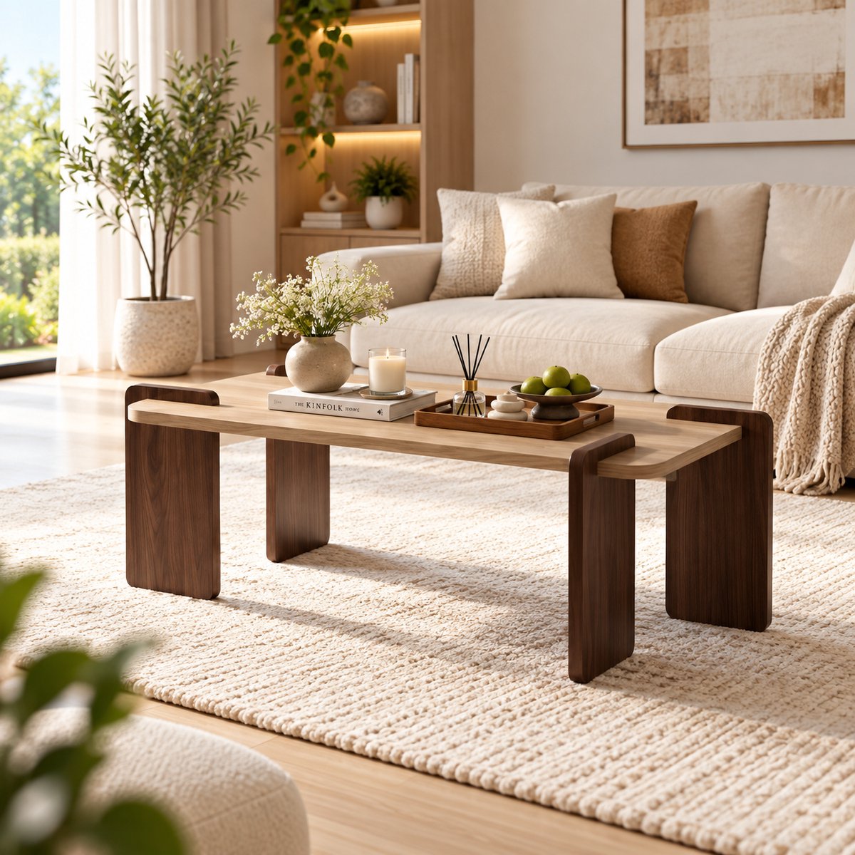 Rojellaa Salontafel met gebogen houten frame en licht blad - Rechthoekig - Donkerbruin en licht hout