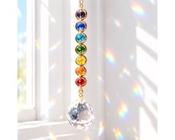 Regenboog Zonvanger met Kristallen Prisma – 34,5 cm – Goudkleurige Raamhanger met 7 Kleuren & Kristallen Bol – Suncatcher