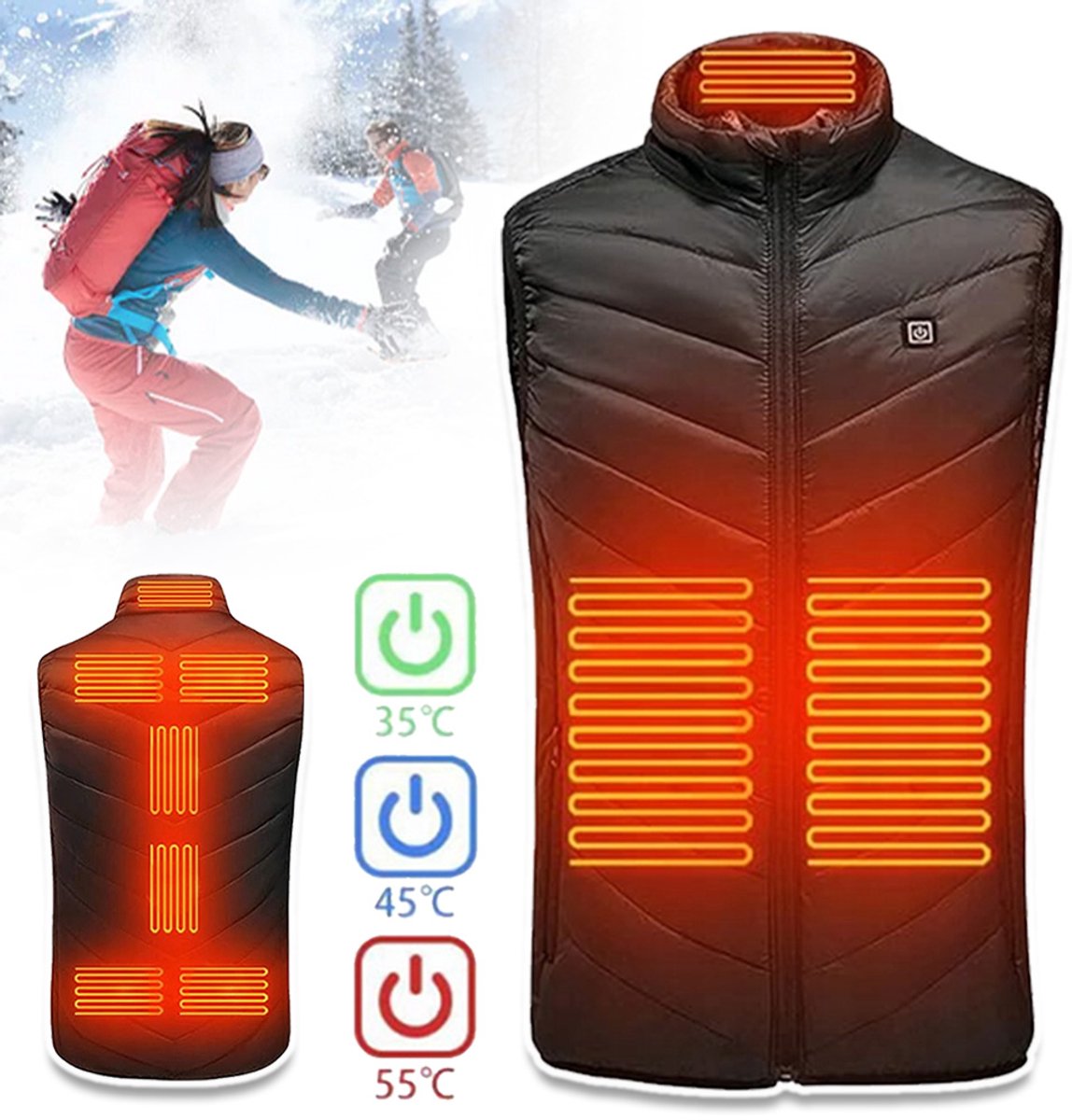 Verwarmde Bodywarmer Unisex – 9 Warmtezones En 3 Standen – Elektrisch Vest Met Carbon Fiber Verwarming – Machinewasbaar En Werkt Op Powerbank – – Sinterklaascadeau Zwart