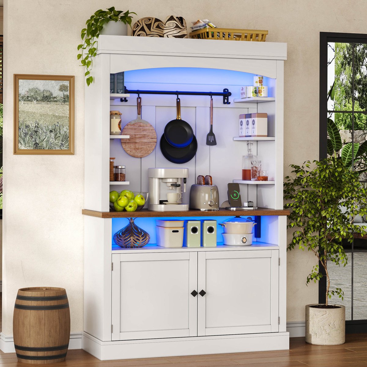 REDOM - Keukenkast - LED-verlichting en stopcontact - Open vakken met hangstangen en kastdeuren - MDF - Wit - 106 x 43 x 183 cm