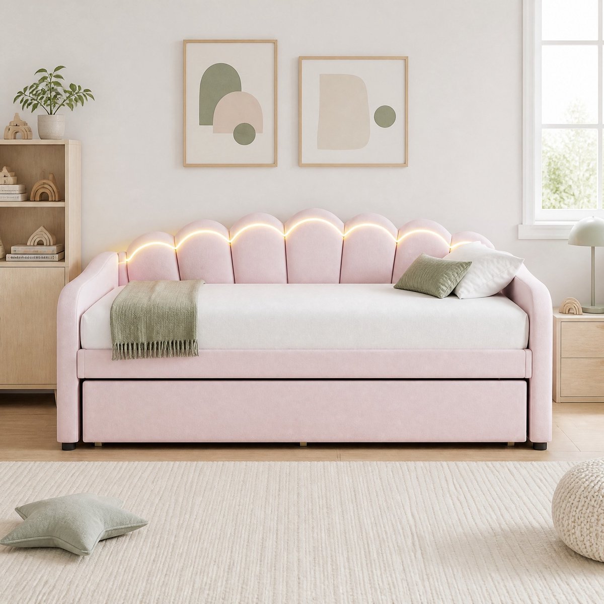 WUVRIE Slaapbank 90x200 cm met uitschuifbaar rolbed, LED-sfeerverlichting en velours, roze