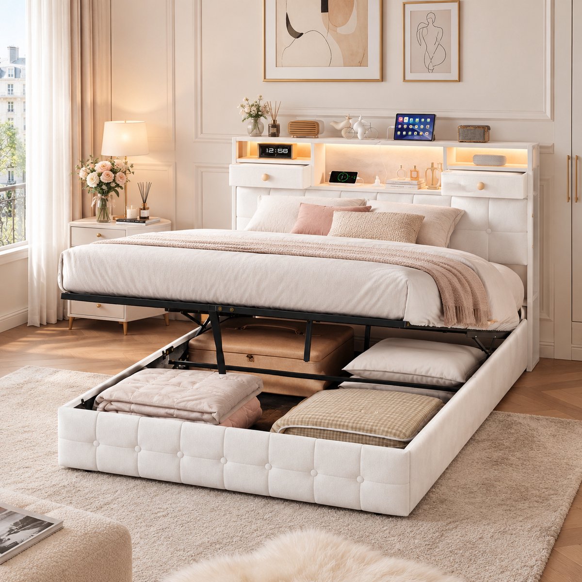 MEXUS Opbergbed 140x200 cm met hydraulische opbergruimte, Tweepersoonsbed met led- en usb-aansluiting, bedframe met lattenbodem en opbergbaar hoofdeinde, gestoffeerd bed, fluweel Beige