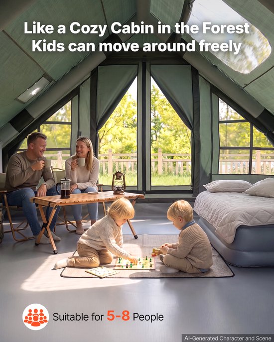 Gezin in een ruime, groene VEVOR familietent, zittend aan een tafel en spelend. Geschikt voor 5-8 personen.