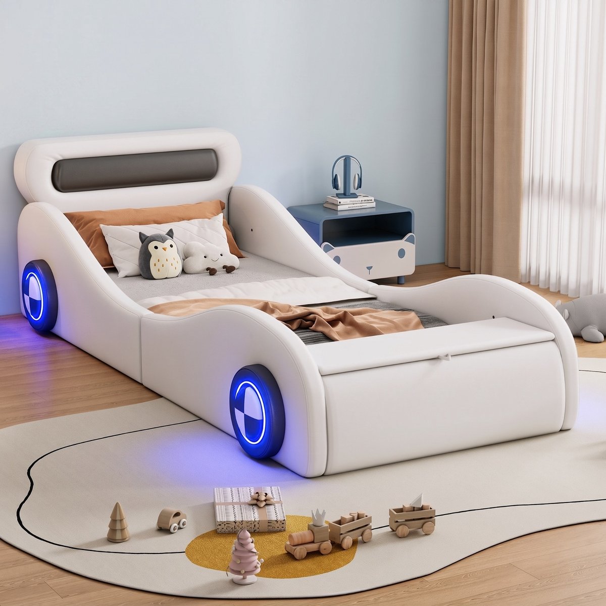 Ropilly Autobed 90x200 - Kinderbed Auto Wit - Met LED Wielen - PU Leer - Slaapkamer - 90x200 cm
