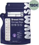 Donkerblauwe Numsy borstvoedingszakjes van 250 ml, met een groen rond label '120x'.