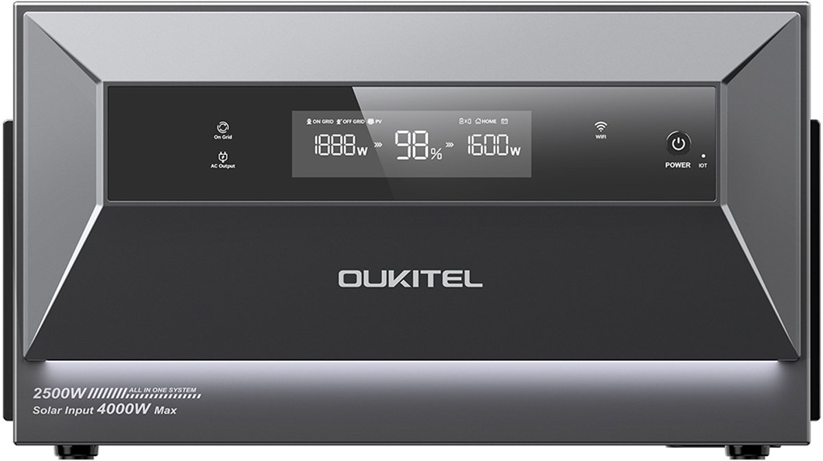 OUKITEL EP2500 draagbaar energiecentrum, 2500W uitgang, 2048Wh LiFePO4 batterij, 4000W zonne-ingang, 4 MPPT, 2500W netgekoppelde uitgang, 3000W bypass-vermogen, 16,384kWh uitbreidbare capaciteit, 4000+ cycli, IP65