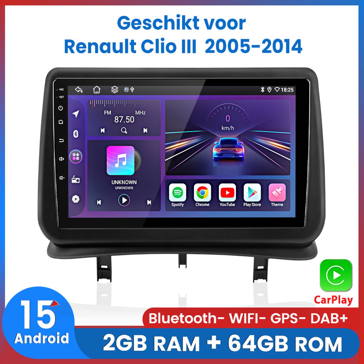 Awesafe Autoradio - Geschikt voor Renault Clio III 2005 t/m 2014 - Draadloos Apple Carplay Android Auto - Android 15.0 Systeem - Ram 2GB + Rom 64GB - GPS RDS Bluetooth Navigatie SWC DSP - 9 Inch Radio Scherm - 2006 2007 2008 2009 2010 2011 2012 2013