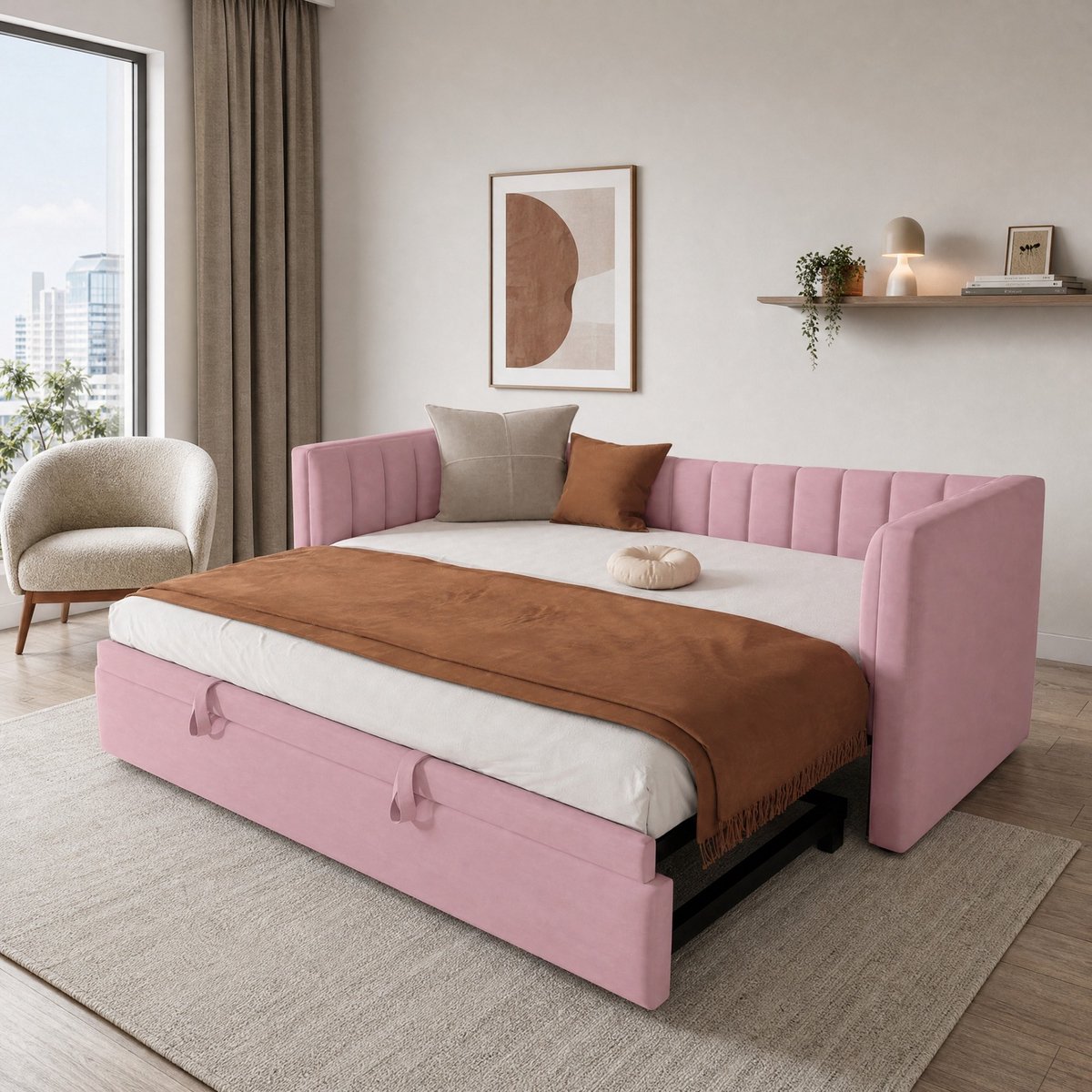 WUVRIE Slaapbank 90 x 200 cm met uitschuifbed tot 180 x 200 cm, fluweel en MDF, roze