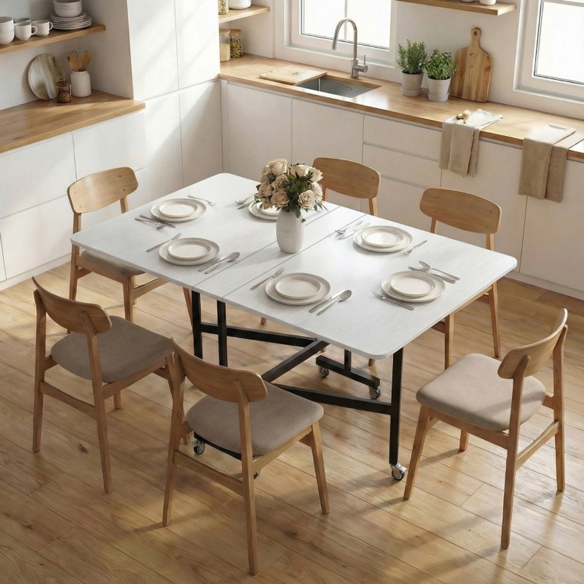 MODFU Opvouwbare Eettafel - Uitbreidbaar Met 6 Wielen En Remmen - Wit - 120 X 80 X 73 Cm