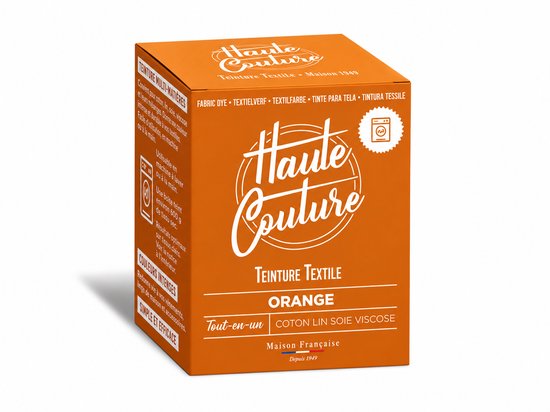 Boîte orange de teinture textile Haute Couture, logo "Haute Couture", "ORANGE" en lettres blanches. Convient pour coton, lin, soie, viscose.