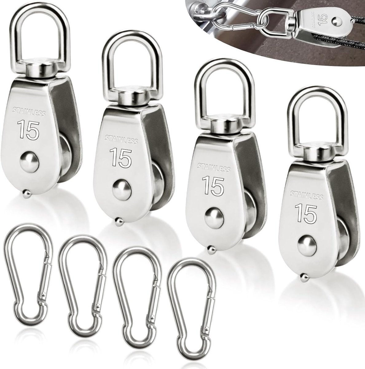 8-delige flensenset met 4 deflectorrollen M15 en 4 M4 karabiners, roestvrijstalen kabelrollen voor zonnescherm, maximale belasting 35kg, ideaal voor fitness en kabelsystemen
