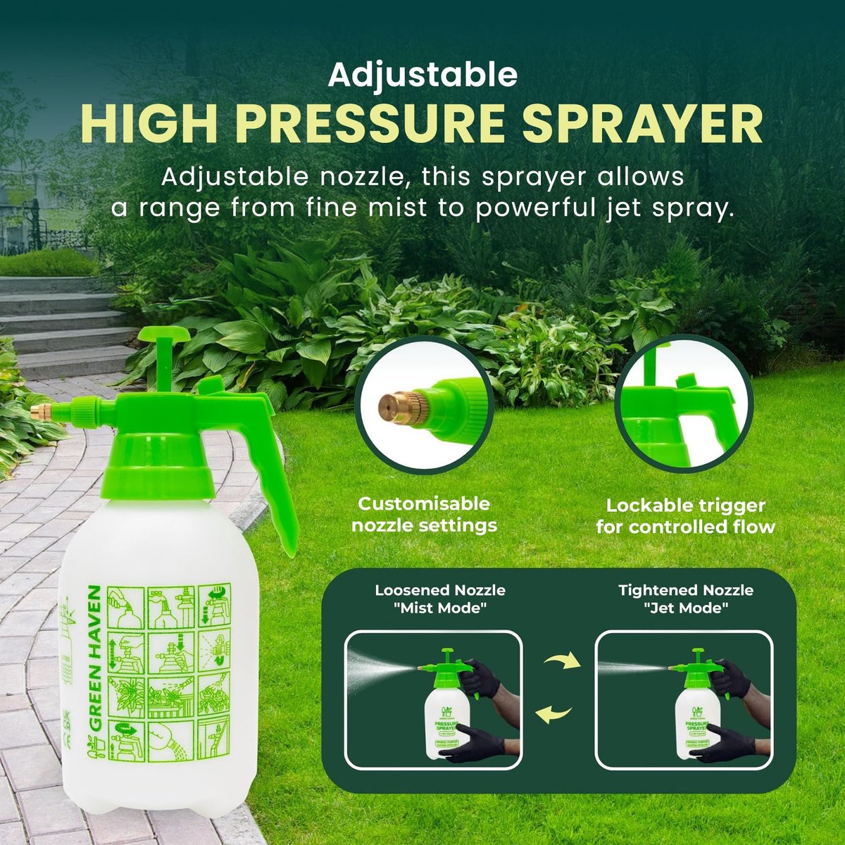 Green Haven Tuinsproeier, 2 l, met pomp, verstelbare sproeier, druk - ShopVlot