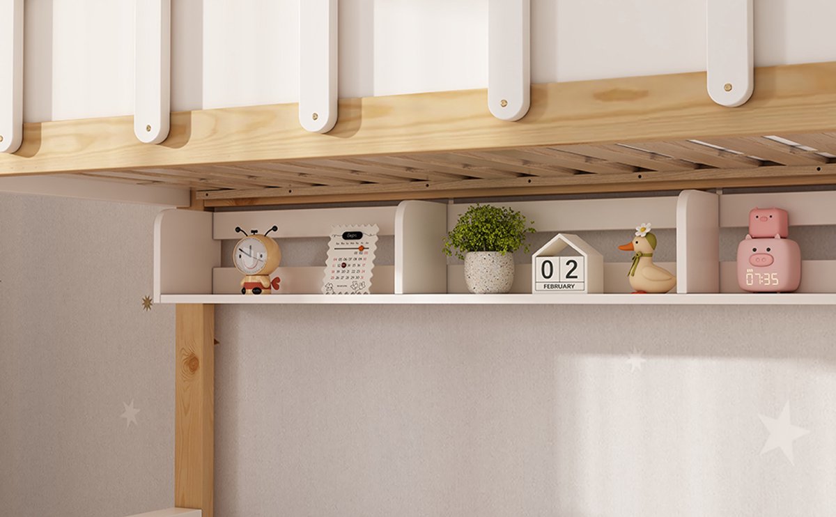DESMIU Kinderstapelbed 90x200 cm En 140x200 cm – Met Opbergtrap, Krijtbord En Veiligheidsdeur – Houten Stapelbed Met Lattenbodems – Zonder Matras – Wit/Naturel