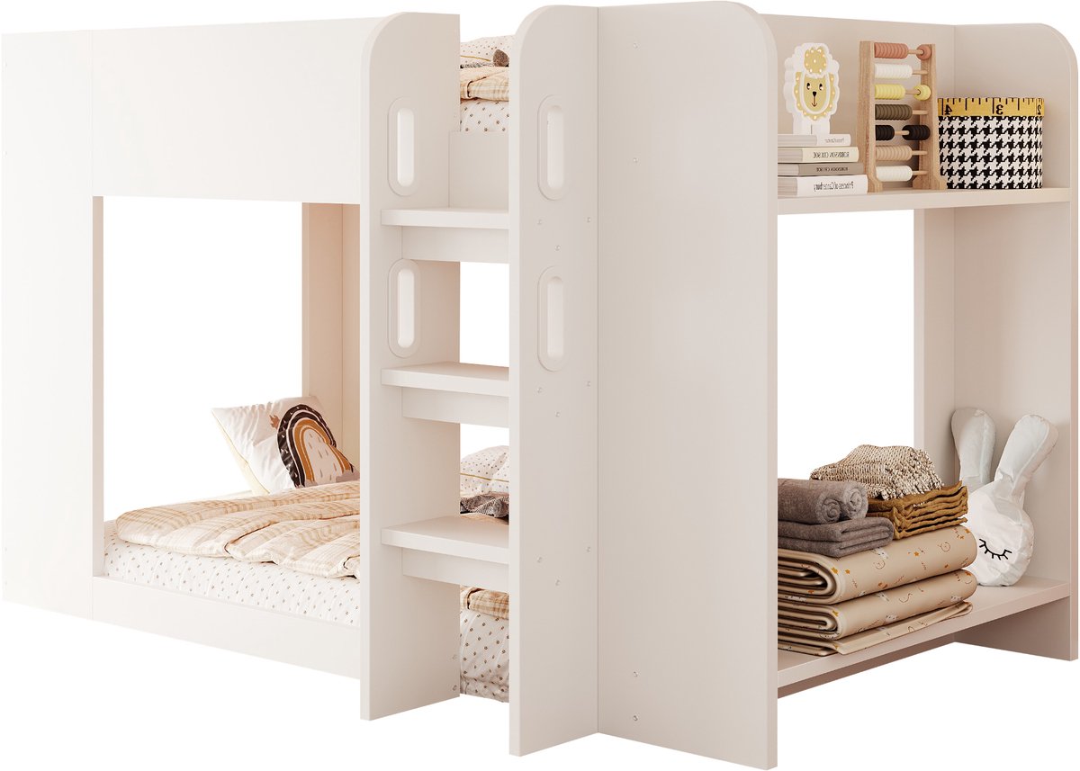 DESMIU Stapelbed 90x200 cm – Veiligheidshek & Verstevigde Ladder – Open Onderbed & Zijrek – Kinderkamer – MDF – Wit – Zonder Matras