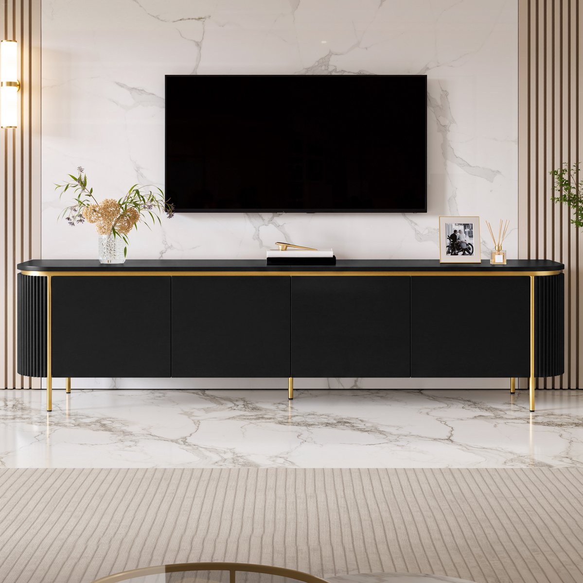 MIVRAY Tv-Meubel - Zes Deuren En Kabeldoorvoeren - Voor Woonkamer Met Mediapparatuur - MDF - 180x38x46 Cm - Zwart