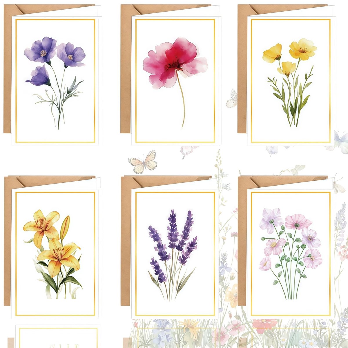 Bloemen blanco kaarten 24 stuks - met enveloppen en stickers - notities set - ideaal voor dank u berichten - ShopVlot