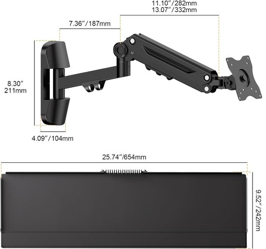 Verstelbare Wandbevestigde Toetsenbordlade - Ergonomische Toetsenbord- en Muismontage, Geschikt voor Tot 12kg, Zwart — afbeelding 4