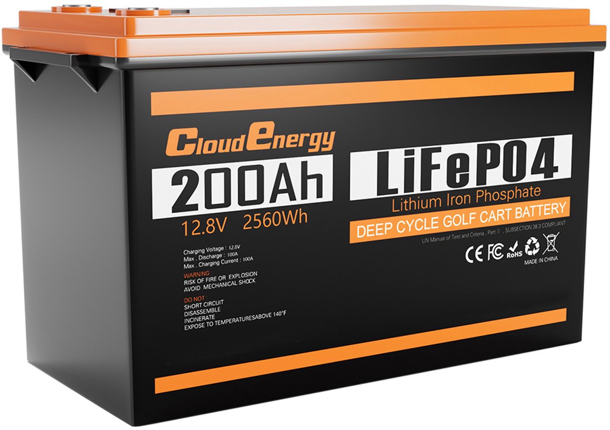 Cloudenergy 12V 200Ah LiFePO4 back-upbatterijpakket, 2560Wh energie, 6000+ cycli, ingebouwde 100A BMS, ondersteuning voor serie/parallel, perfect voor het vervangen van de meeste back-upstroom, camper, boten, zonne-energie, trollingmotor, off-grid