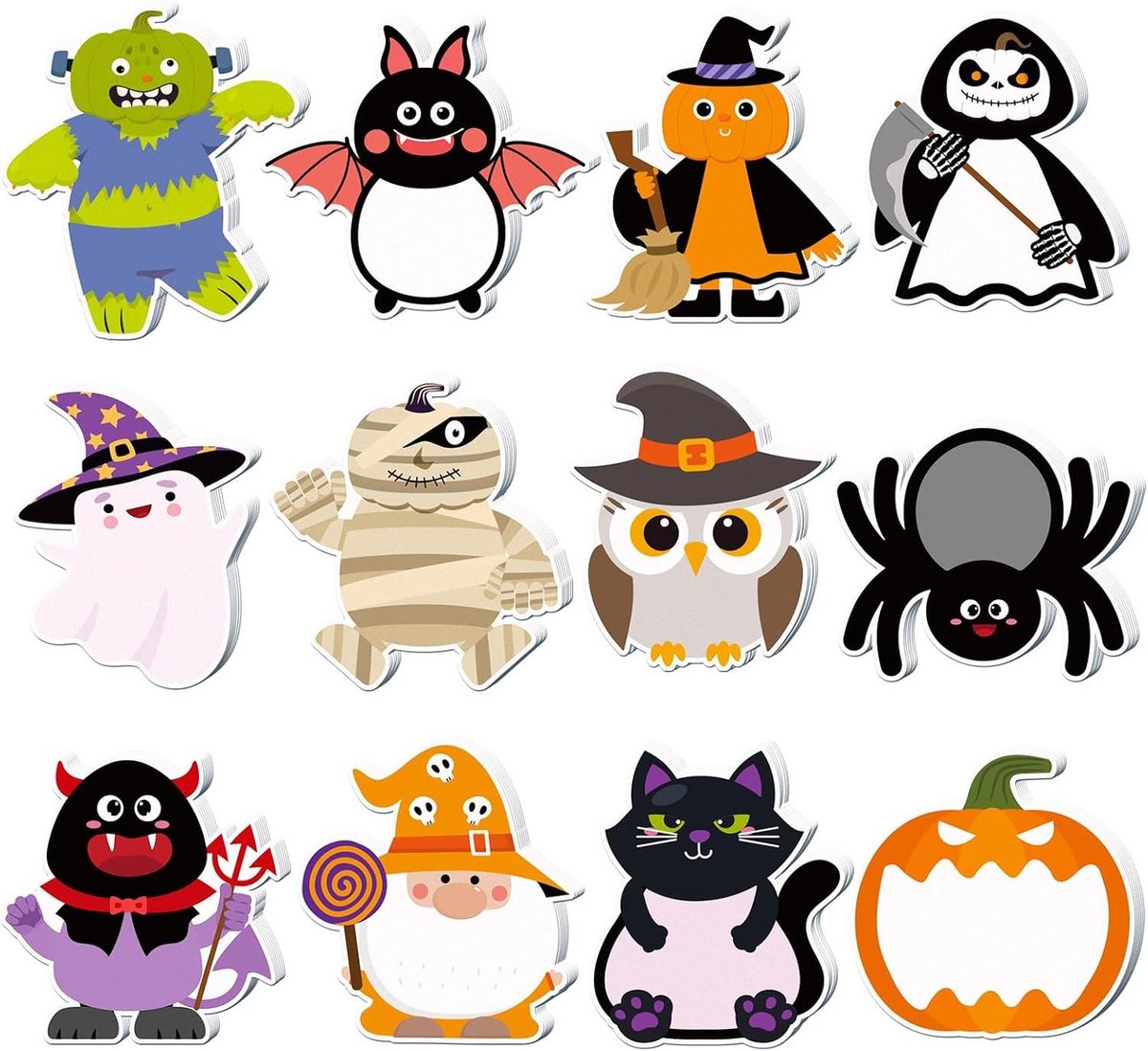 Set van 12 Hechtnotities voor Halloween, Herinneringsnotities met Pompoen, Spook, Kabouter en Spin voor Kinderen, Studenten en Feestjes