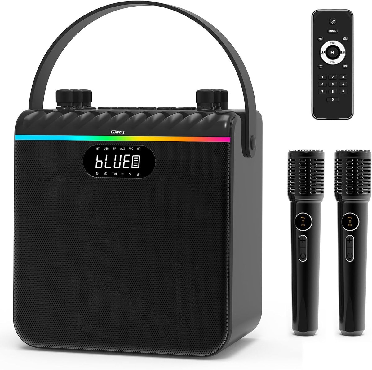 Draagbare stemversterker met draadloze microfoon, bas- en hoge tonenregeling, TWS stereo pairing en LED-verlichting voor feesten en evenementen