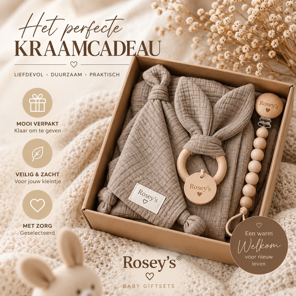 Rosey’s® Baby Giftset Taupe – Kraamcadeau Unisex – Bijtring, Speenkoord & Knuffeldoekje – Baby Cadeau Set 0 Jaar – Babyshower / Geboorte Geschenk