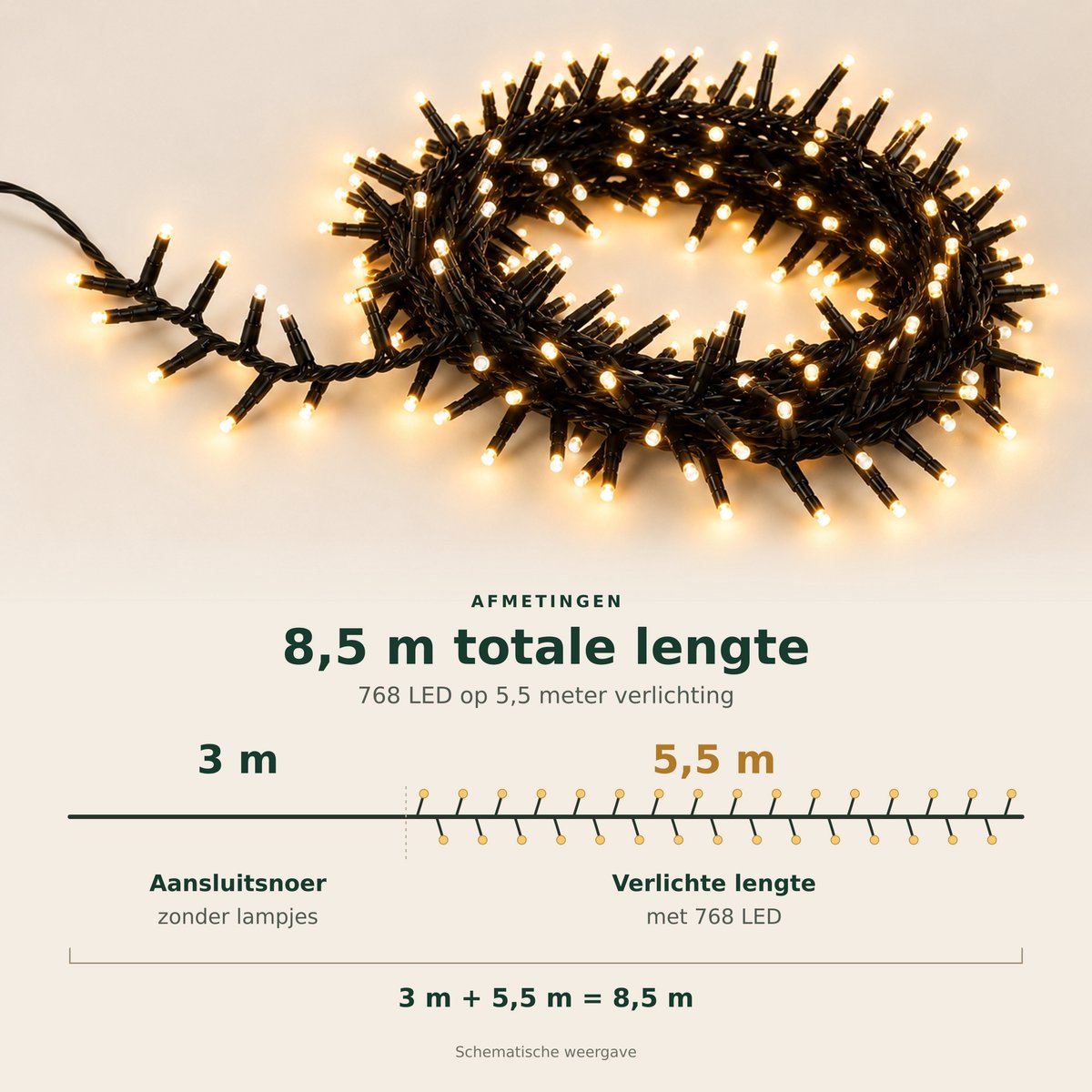 EasyMart Clusterverlichting 768 LED - Kerstverlichting - Kerstboomverlichting Extra Warm Wit - Voor Binnen en Buiten - Timer - 8 Lichtfuncties met Geheugen - IP44 - 5,5 m Verlicht + 3 m Aanloopsnoer - 8,5 m Totale Lengte - Kerstdecoratie – foto 2