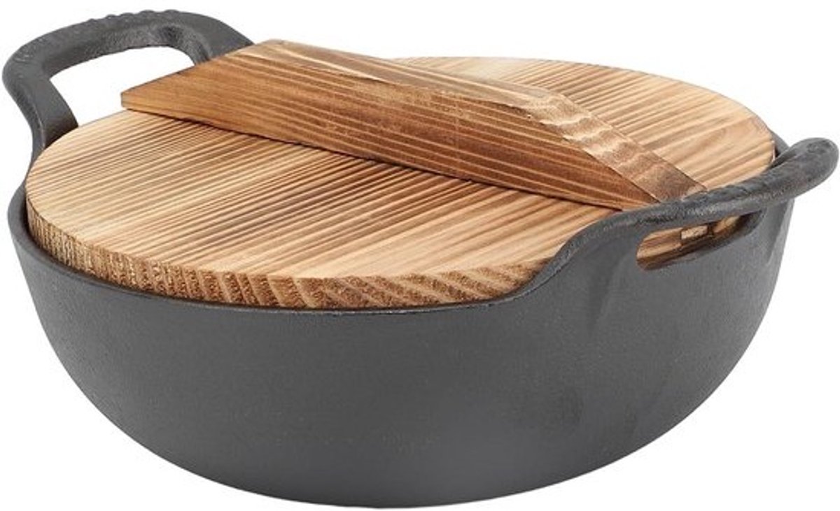 Gietijzeren wok - Koekenpan - Voor Aziatisch koken - Platte, stabiele bodem - 20 cm diameter - Zwart