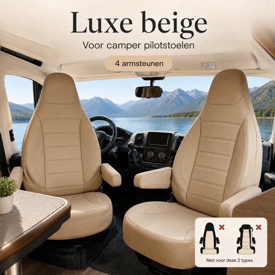 Luxe beige stoelhoezen voor camper-pilootstoelen, inclusief overzicht van niet-geschikte stoeltypes.
