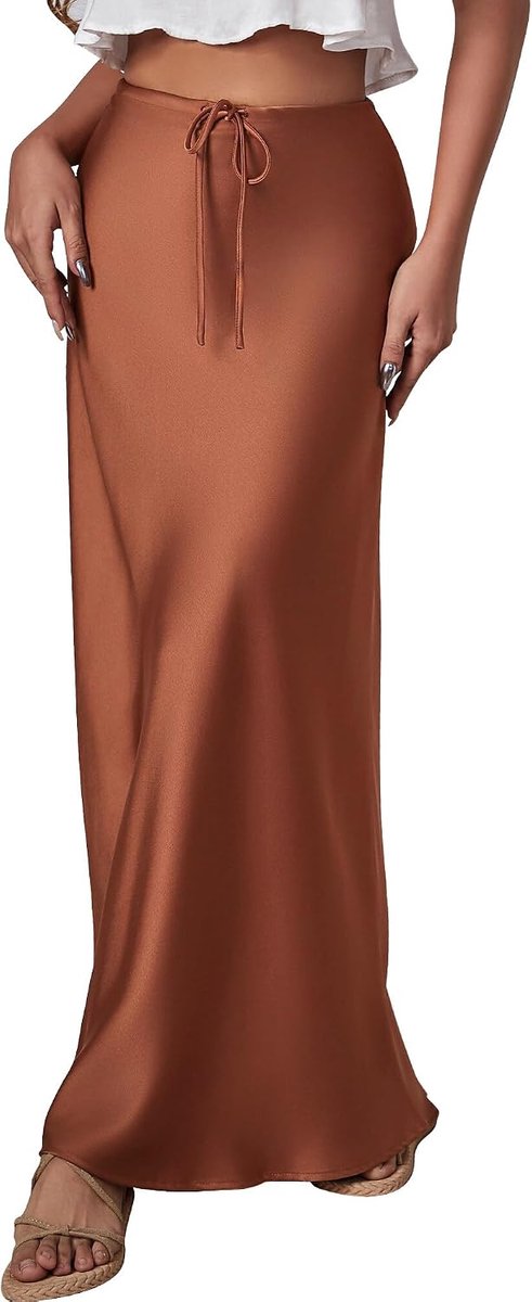 FEOYA Long Spot Skirt for Women High Waist Maxi Skirt Drawstring Flowing Elegant Silk Satin Skirt Party Cocktail Midi - ShopVlot