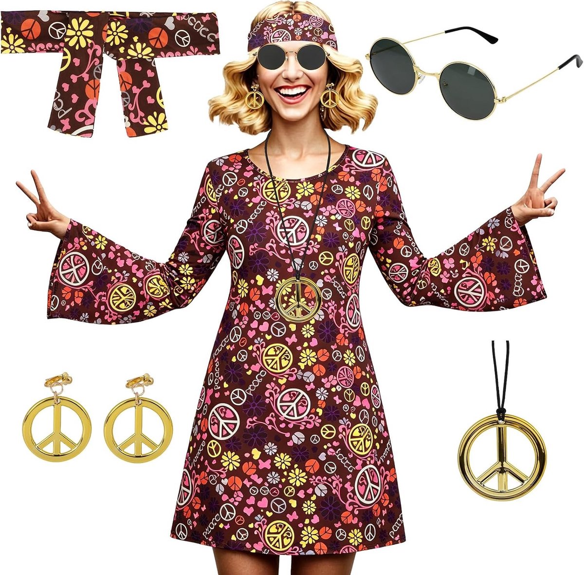 Hippie Kostuum voor Dames met 6 Accessoires: Ketting, Oorbellen, Hoofdband, Zonnebril en Jurk voor Carnaval en Halloween