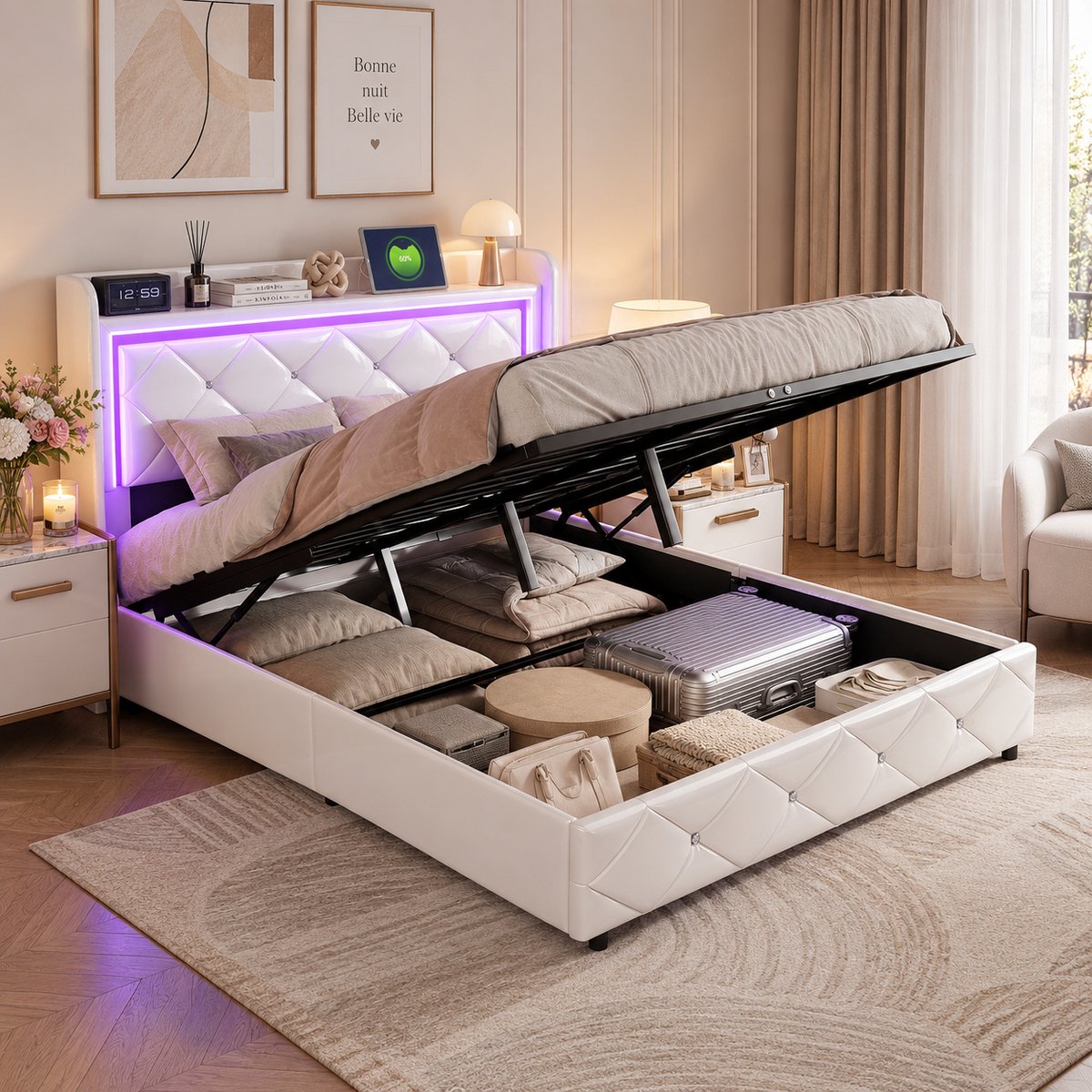 MEXUS Opbergbed 140x200 cm met hydraulisch mechanisme, Tweepersoonsbed met led- en usb-poorten, lattenbodem en gewatteerd hoofdbord, BED voor volwassenen en tieners, Wit PU-leer